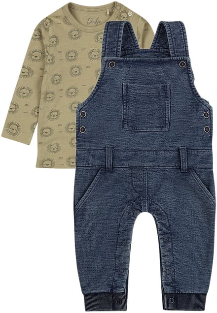 Dirkje - Basic Collection - BIO COTTON - Tuinbroek Blauw - Shirt Mosgroen met leeuwtjes - Maat 86