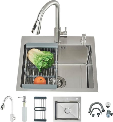 Keukenspoel, Multifunctioneel Keukenspoel met afneembare kraan en zeepboder, geborstelde afwerking (50 x 45 cm)