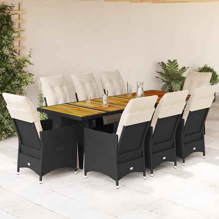vidaXL - 9-delige - Bistroset - met - kussens - poly - rattan - zwart