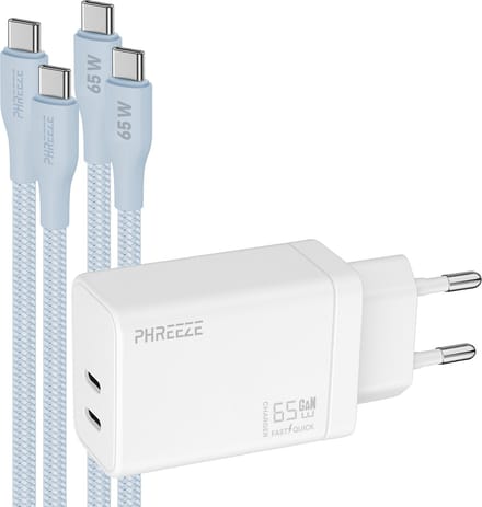 Phreeze usb C oplader 65 W - Laptop power adapter met 2 usb C naar usb C kabels 1m blauw - Dual port snellader