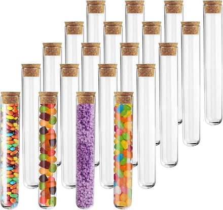 Set van 20 transparante plastic testbuizen met kurk, 150 x 16 mm, 20 ml - ideaal voor lab, experimenten en opslag