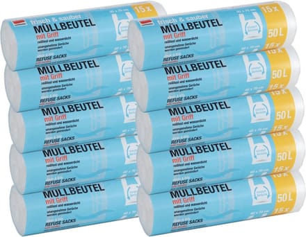 Afvalzakken 50 liter - 150 stuks, scheurvast en waterdicht met draaggreep (10-pack)