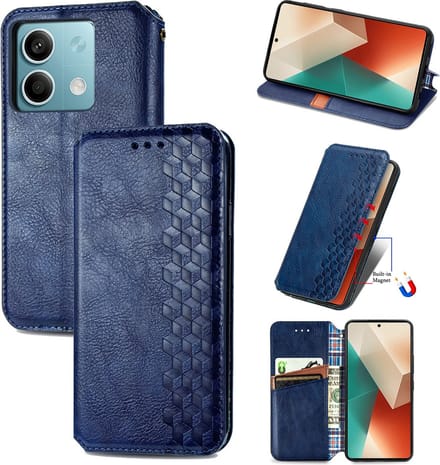 Luxe PU Lederen Ruitpatroon Wallet Case + Screenprotector voor Redmi Note 13 5G _ Blauw