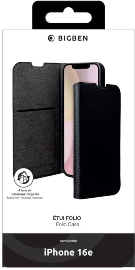 Bigben Connected, Hoesje geschikt voor iPhone 16e - Folio met Standaard & Kaarthouder, Zwart