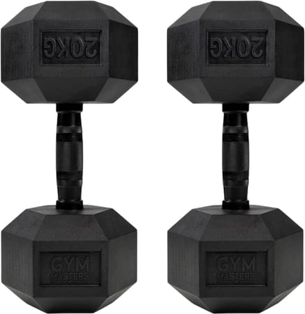 Gym Masters Dumbbells 20 kg Set (2 stuks) – Hexagon Rubber Dumbbells – Zwart