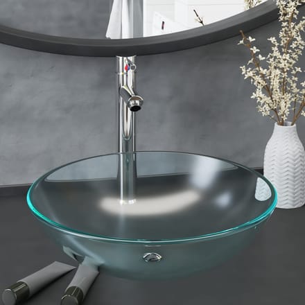 vidaXL - Wastafel - met - kraan - en - pop-up - afvoer - mat - gehard - glas