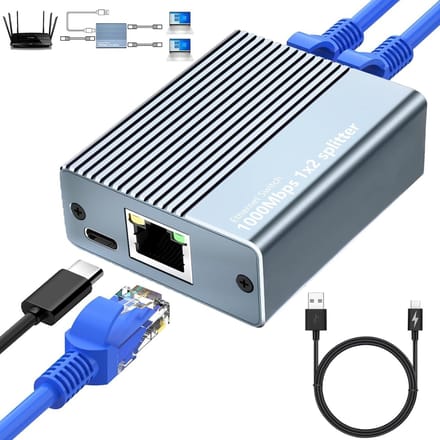Ethernet Splitter 1 naar 2 - 1000Mbps Gigabit Switch met Type C Voedingskabel