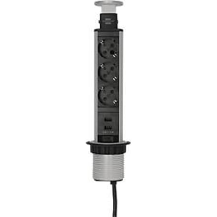 Brennenstuhl Tower Power aluminium tafelcontactdoos, 3 aardingscontactstoppen in 45°-opstelling, 2 USB-stekkers, uitschuifbaar, 2 m kabel, L 335 x B 85 x D 120 mm, zilver/zwart