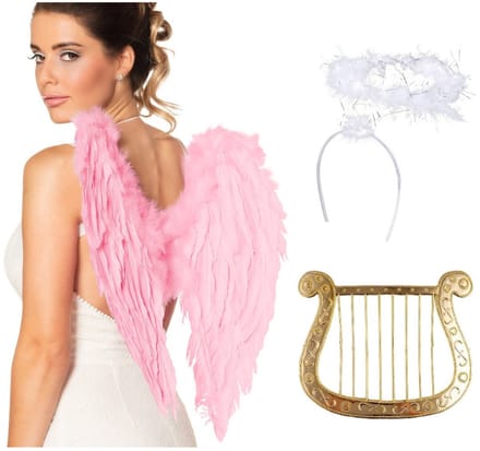 Boland Engel verkleedaccessoires set - lichtroze - engelen vleugels - 3-delig - carnaval / kerst thema