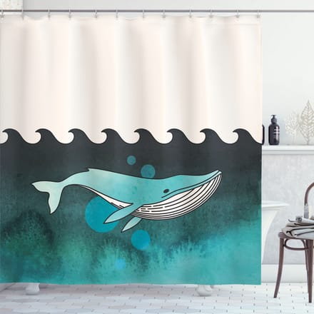 ABAKUHAUS Dier Douchegordijn, Walvis in de Nähe van Palm Eiland, Stoffen Badkamerdecoratieset met Haken, 175 x 240 cm, Groen en Blauw