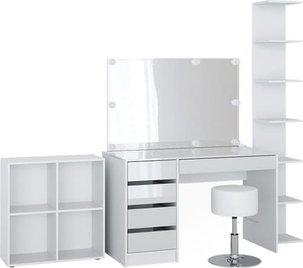 Vicco Sherry Kaptafel – 5 stuks, met opbergplank, staande plank, spiegel, kruk, LED Wit