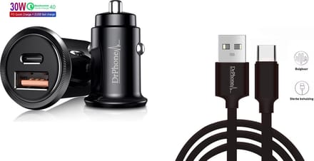 DrPhone Invisible Pro - Mini Autolader - 30W - USB-C met PD (power delivery) & USB Qualcomm 3.0 + 2M USB-C Gevlochten Nylon Kabel- Tablet / Smartphone