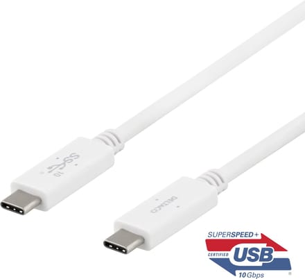 DELTACO USBC-1407M, USB-C - USB-C-kabel, 10 Gbps, E-marker chipset, wit - 1m