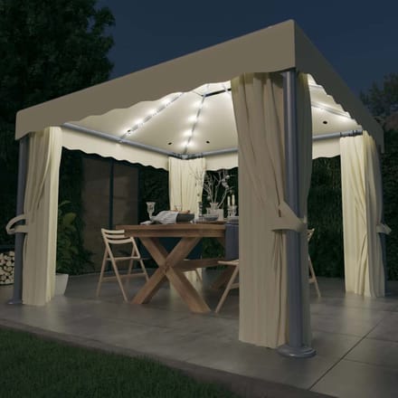 vidaXL - Prieel - met - gordijn - en - LED-lichtslinger - 3x3 - m - crèmewit
