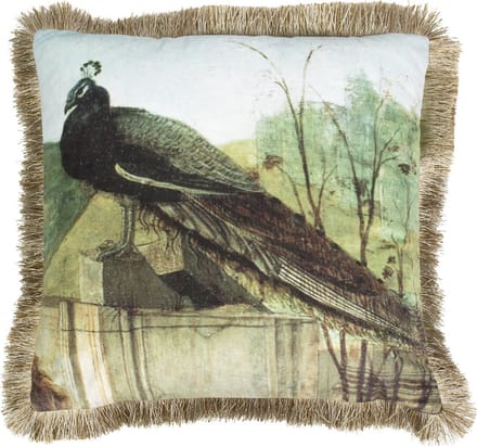 Kussen fluweel pauw gouden franjes 45x45cm