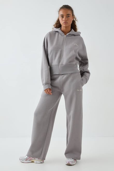 Dames DSGN Studio Deep Hem Boxy Crop Zip Through Hooded Tracksuit | Houtskool | Maat: Medium