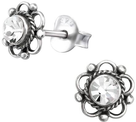 Joy|S - Zilveren Bali bloem oorbellen - 7 mm - kristal - geoxideerd