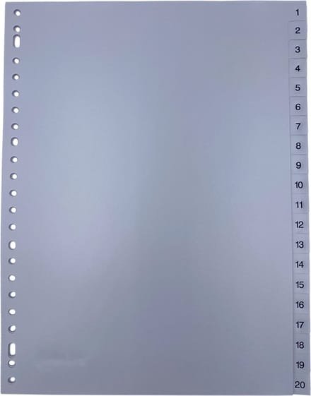 DULA Tabbladen plastic 1 tot 20 - Genummerd - A4 - Grijs - 23 gaten - PP