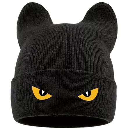 Zwarte Beanie met Kattenoren & Ogen – Warm, Stoer en Uniek