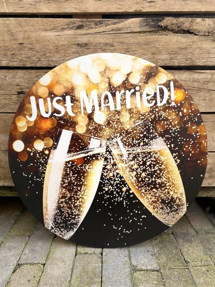 Creaties van Hier - Tuinbord - Wandbord - Muurcirkel - - Just Married - Pas getrouwd - 30 cm - Dibond