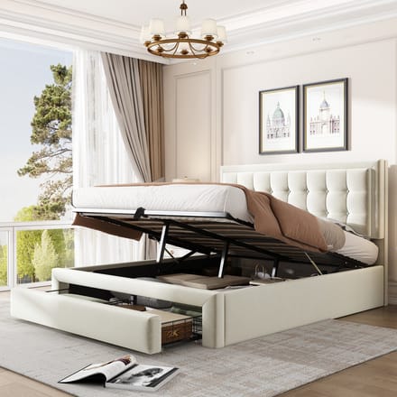 MODFU Polsterbed 160x200 cm – Donkergrijs linnenlook – LED-hoofdeinde – Stevig staalframe – Opbergruimte
