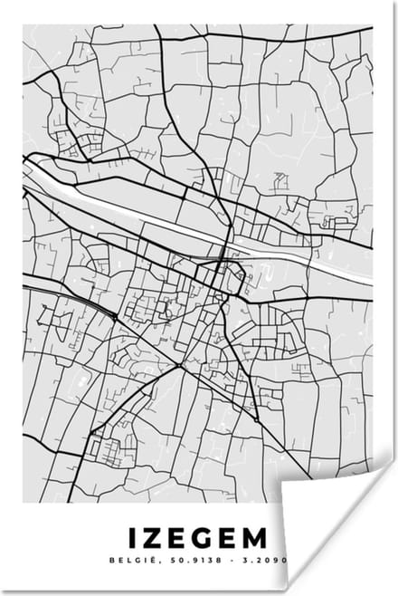 Poster Stadskaart – Zwart Wit - Kaart – Izegem – België – Plattegrond - 20x30 cm