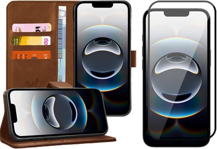 Hoesje geschikt voor iPhone 16e - Screenprotector Volledig Dekkend Glas - Portemonnee Book Case Bruin