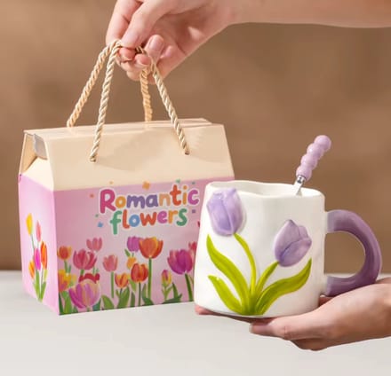 Romantische Tulpen Beker - 400ml - Paars – Inclusief Lepel & Luxe Geschenkverpakking