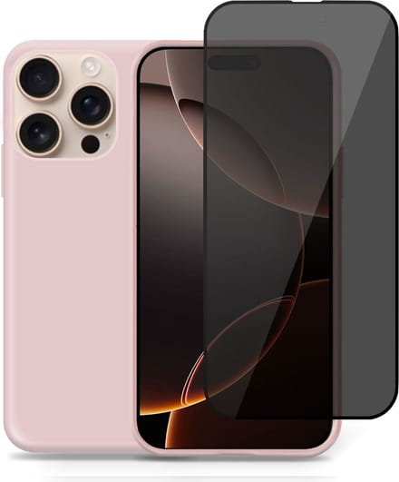 Hoesje + Privé Screenprotector geschikt voor Apple iPhone 16 Pro Max – Privacy Tempered Glass - Back Case Cover Roze