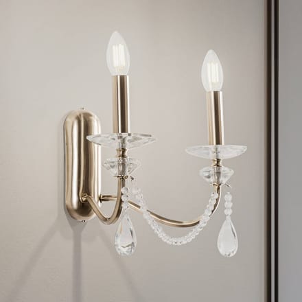 Lucea Adone wandlamp, 2-lamps, messing, hoogte 30 cm, kristalglas