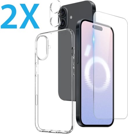 Back cover Silicone hoesje transparant met Screenprotector Glas 2x en Camera lens protector 2x Geschikt voor: iPhone 16 Plus