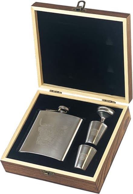 Just Slate Company Heupfles Schotse Hooglander - luxe set - RVS - gegraveerd