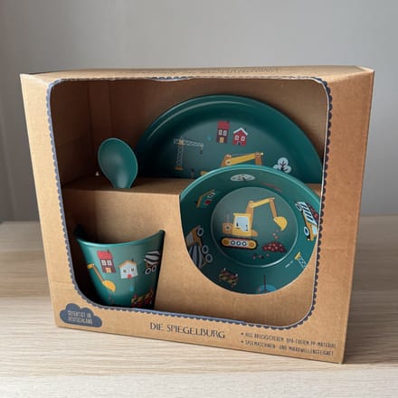 Graafmachine / bouwplaats kinder servies set (bord, kom, beker en lepel) - Die Spiegelburg