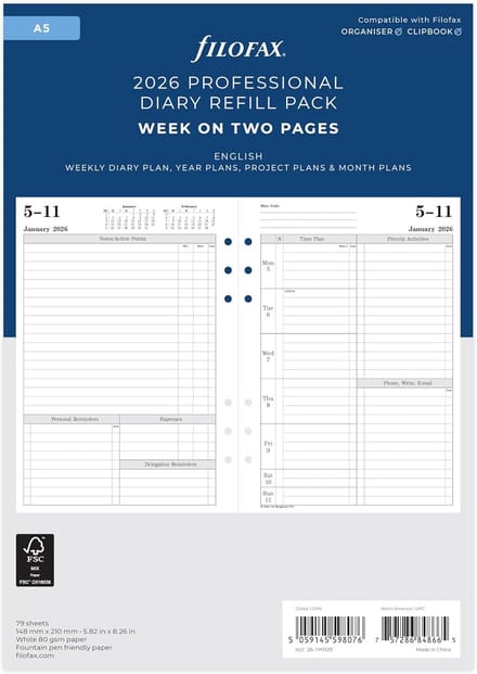 A5 Agenda Refill 2026 Week-op-Twee-Pagina's Engelstalig Planner Inlegvel