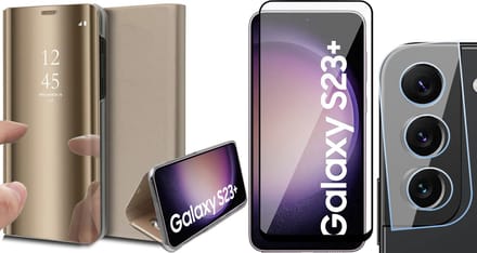 Hoesje geschikt voor Samsung Galaxy S23 Plus - Screenprotector FullGuard & Camera Lens Screen Protector - Book Case Spiegel Goud