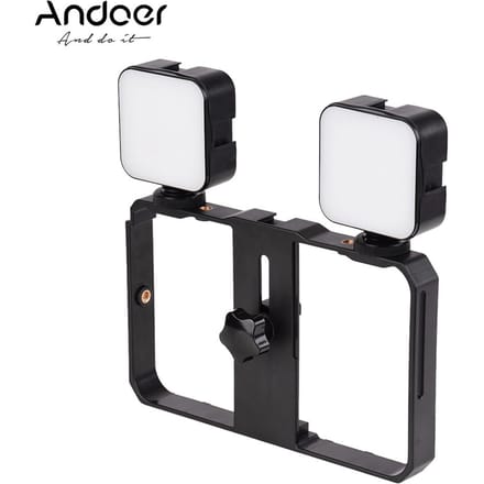 Mini LED Videolamp 5W Fotografie Invullicht 6500K Dimbaar, 2 stuks + Handheld Smartphone zwart
