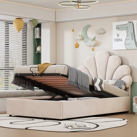 REDOM Opbergbed 90x200 cm – Fluweel – Hydraulisch – Bloemvormig hoofdbord – Beige – 200 kg