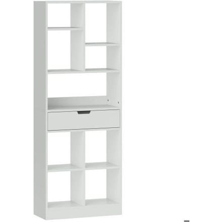 Bibliothèque - MUVOE - 9 étagères - 1 tiroir - 60 x 26 x 158 cm - Blanc blanc