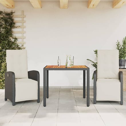 vidaXL - 3-delige - Bistroset - met - kussens - poly - rattan - zwart