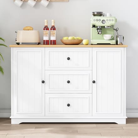 MODFU - Sideboard - 3 Laden En Verstelbare Planken - Modern Scandinavisch - Voor Keuken En Eetkamer - MDF - Wit - 126 x 40 x 86 cm