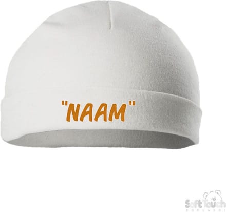 Soft Touch Mutsje Rolmutsje Bedrukt "Met Eigen Naam"Lettertype BONOCO Wit/tan Maat 0-3 maanden Maat 56/62