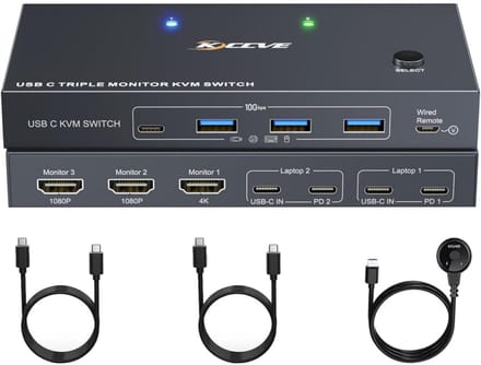 KVM Switch USB-C 2 Laptops 3 Monitoren 4K, Dockingstation met 80W PD Opladen en USB 3.2