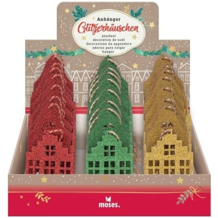 Kerst hanger glitter huis 6 assorti