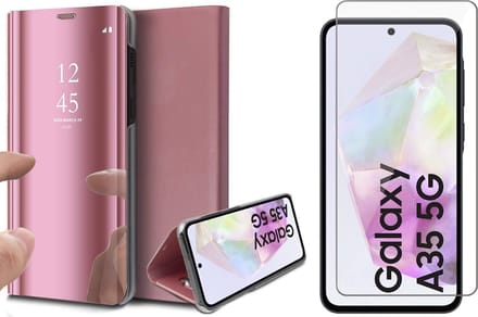 Hoesje geschikt voor Samsung Galaxy A35 - Screenprotector Glas - Spiegel Book Case Rosegoud