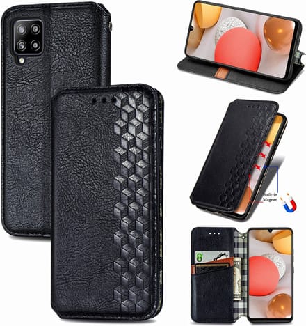 Luxe PU Lederen Ruitpatroon Wallet Case + PMMA Screenprotector voor Galaxy A42 5G _ Zwart
