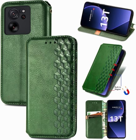 Luxe PU Lederen Ruitpatroon Wallet Case + Screenprotector voor Xiaomi 13T / 13T Pro _ Groen