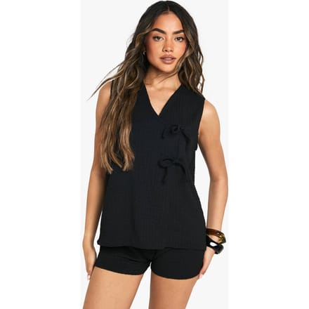 boohoo Dames Textured Tie Front Sleeveless Top | Zwart | Maat: 34