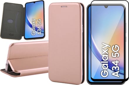 Hoesje geschikt voor Samsung Galaxy A34 - Screen Protector FullGuard - Book Case Kunstleer ThinShield Roségoud & Screenprotector