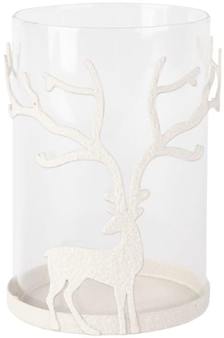 Dekoratief | Theelichthouder m/hert, wit/transparant, metaal/glas, 9x9x14cm | A255094