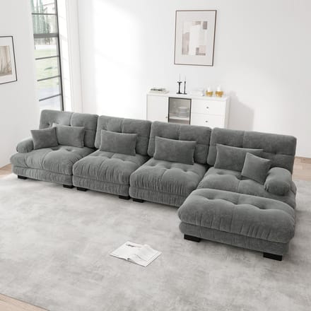 MODFU Modulaire Hoekbank - Verplaatsbare Ottoman - Vintage - Woonkamer - Chenille - Grijs